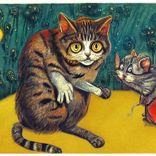 Image similar to a cat and mouse, fantasy art, louis wain