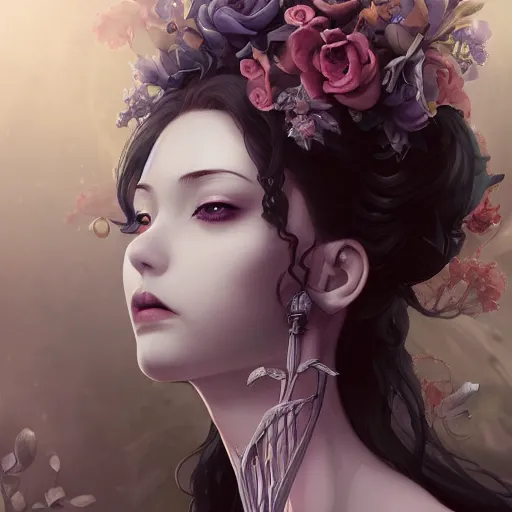 Image similar to Stunning Anime Goddess part skeleton of the floral river flowers, Kissing her king in a dark romance, misty, by cgsociety, in the style of Charlie Bowater, Tom Bagshaw, intricate, beautiful, artstation 8k, high resolution