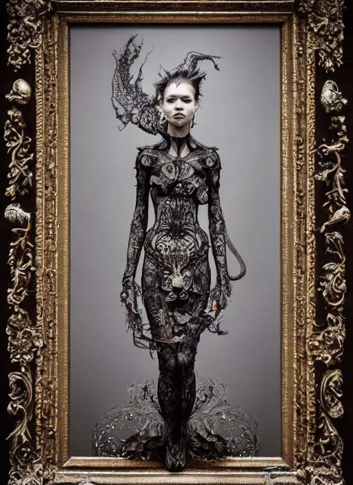 Image similar to a portrait of a female by stefan geselle and nekro borja, photorealistic, intricate details, hyper realistic, fantasy, elegant, baroque, ornate, photorealistic, canon r 3, photography, wide shot, symmetrical features, symmetrical pose, wide angle shot, head to toe, standing pose, feet on the ground, wearable art