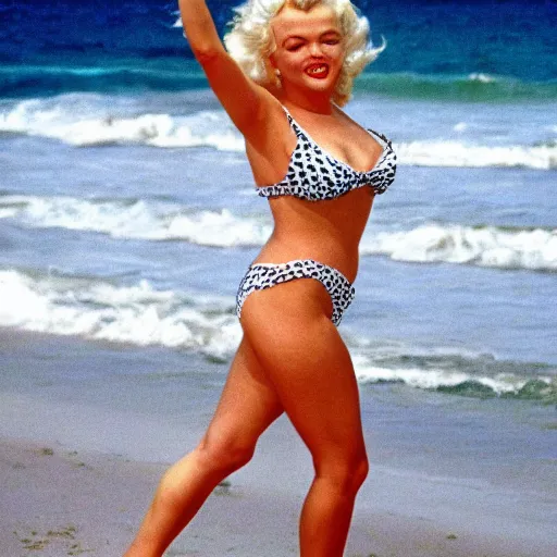 Prompt: Photo of Marilyn Monroe on the beach in Miami, 1984