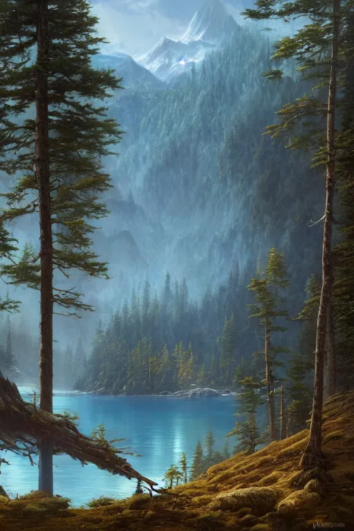 Image similar to painting of a mountains landscape with a blue lake and a dense pines forest, a detailed matte painting by christophe vacher, matte painting, ultra detailed, matte drawing