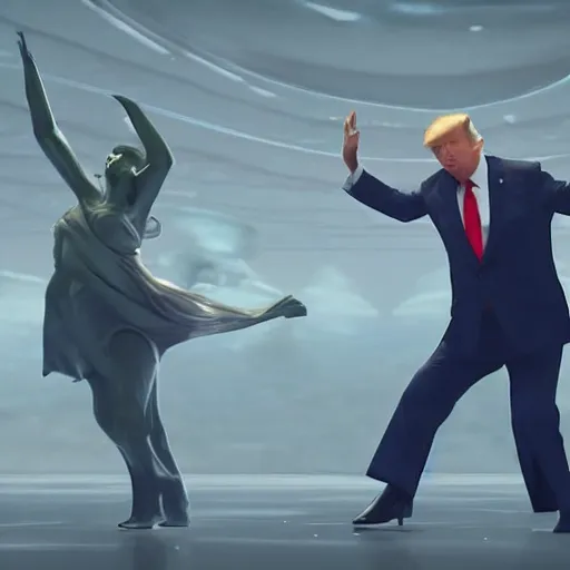 Image similar to Donald Trump and Vladimir Putin dancing to hip hop music by H.P. Lovecraft and abaddon and magali villeneuve and ghibli and moebius and Alphonse Mucha and Takashi Murakami, 8k, epic scene, scifi, unreal engine, trending on cg station. masterpiece.