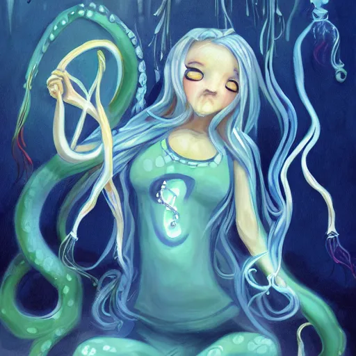 Image similar to octopus priestess in pajamas, underwater, fantasy, digital painting, pixiv