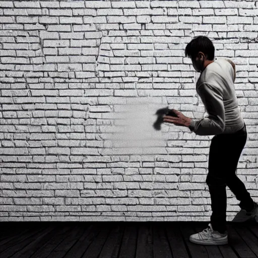 Image similar to incredible cinematic image of young angry man trying to fight his own shadow at the white brick wall, studio shot, dynamic lighting, high definition, highly detailed, photo-realistic, unreal engine render, 16k