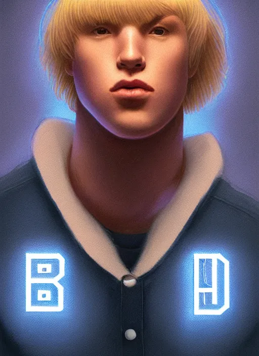 Image similar to portrait of high school senior boy named big moose, blonde short hair, jock, beefy, wide face, square jaw, square facial structure, blue varsity jacket with letter r, intricate, elegant, glowing lights, highly detailed, digital painting, artstation, concept art, sharp focus, illustration, art by wlop, mars ravelo and greg rutkowski