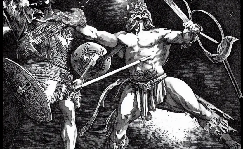 Image similar to the great greek warrior achilles with a spear, piercing the edge of the universe from the book of the long sun by gene wolfe,