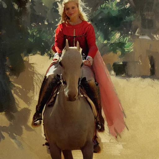 Image similar to portrait of woman wearing medieval clothing on horseback galloping, detailed by greg manchess, craig mullins, bernie fuchs, walter everett