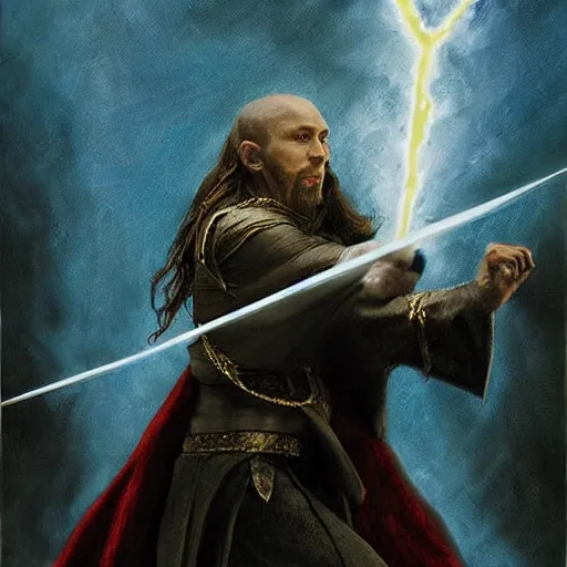 Image similar to Saurom from Lord of the Rings as a wizard in Harry Potter, fighting Lord Voldemort, dramatic lighting, oil painting, highly detailed