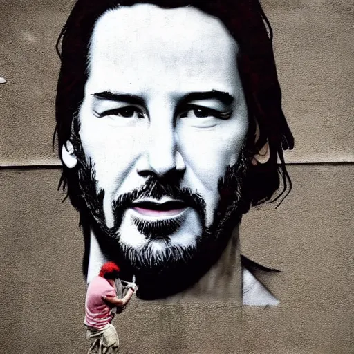 Prompt: Street-art portrait of Keanu Reeves in style of Banksy, photorealism