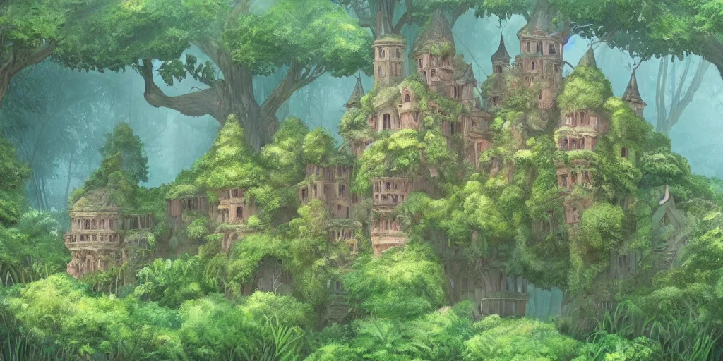 Image similar to a castle hidden in the jungle, overgrown with trees, misty, whimsical, ghibli art style, highly detailed, 4 k