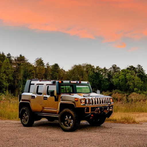Prompt: a hummer parked in an old forest, at dusk