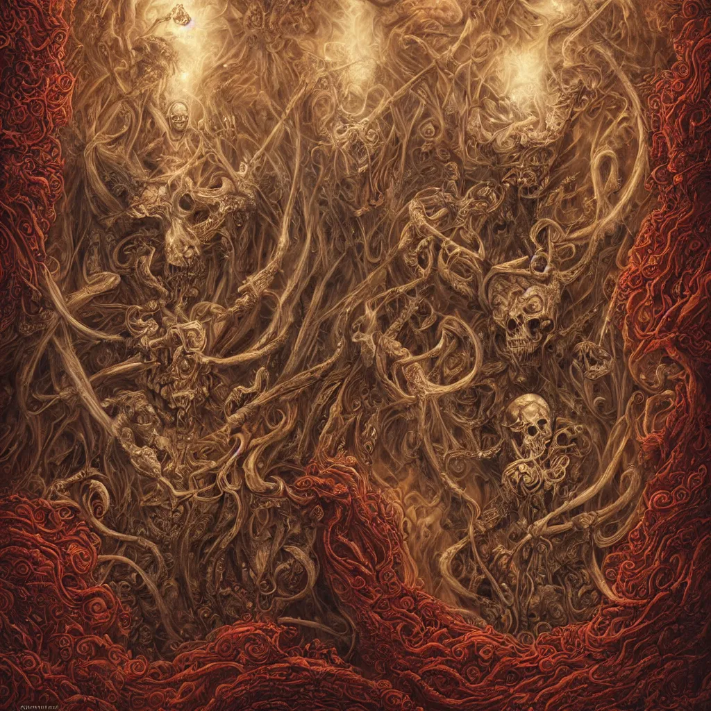 Image similar to A beautiful detailed orixa, tarot card, by tomasz alen kopera and Justin Gerard, symmetrical features, ominous, magical realism, texture, intricate, ornate, royally decorated, skull, skeleton, whirling smoke, embers, red adornements, red torn fabric, radiant colors, fantasy, trending on artstation, volumetric lighting, micro details, 3d sculpture, ray tracing, 8k, anaglyph effect