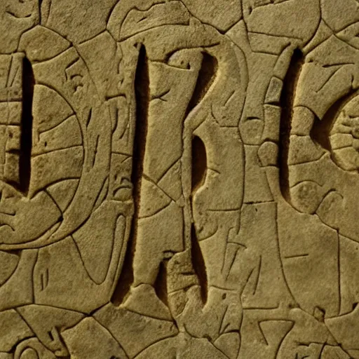 Prompt: an alien alphabet with letter for letter translations to english carved on a piece of ancient stone