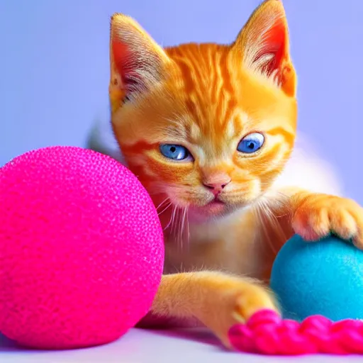 Image similar to orange tabby kitten playing with a ball of yarn, in lego, with pink background