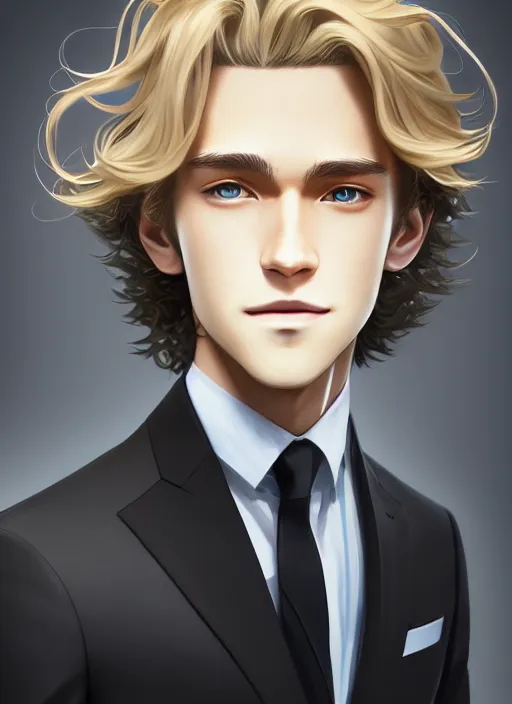 Image similar to young man with medium - length, curly, golden hair, perfectly proportioned face, aquamarine eyes, sweet smile, wearing a black suit, natural lighting, path traced, highly detailed, high quality, animation art, digital painting, by new haicheng and studio ghibli