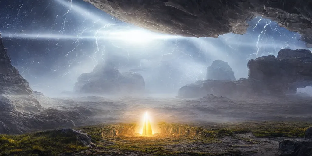 Image similar to ancient alien portal, crowd of androids, beams of light from sky, wormhole, matte painting, dreamscape, digital rain, global illumination, the great beyond, trending on artstation