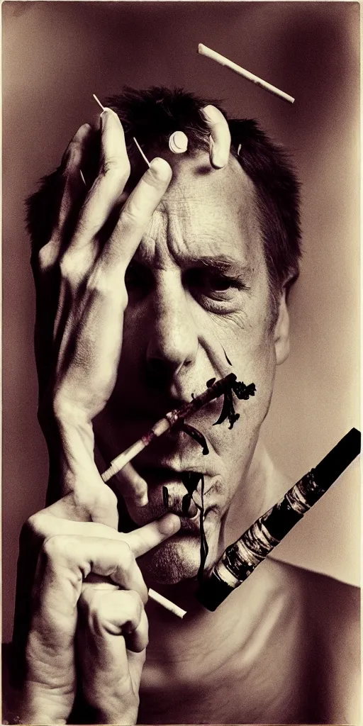 Image similar to award winning photo of john zorn smoking, vivid colors, scary, symmetrical face, beautiful eyes, studio lighting, wide shot art by Sally Mann & Arnold Newman