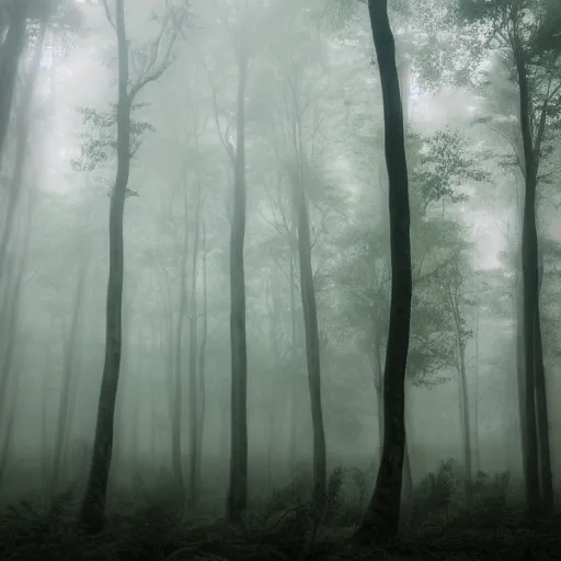 Image similar to surreal magical aura forest with fog, wisps and gloomy lightning