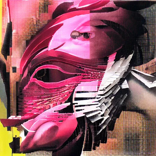 Prompt: the progressive rasterization of a bird, from a mechanical one into a pixel one, pink - noir oil on canvas by dave mckean and yoji shinkawa