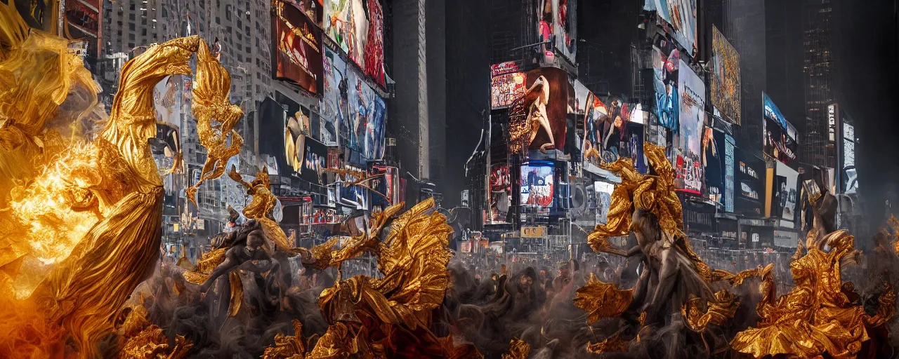 Image similar to 'Deamons unleashed in Times Square' by István Sándorfi royally decorated, whirling smoke, embers, gold adornements, gilt silk torn fabric, radiant colors, fantasy, perfect lighting, studio lit, volumetric lighting, micro details, 3d sculpture,