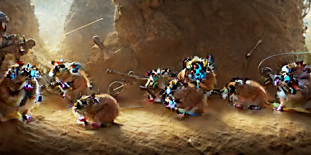 Prompt: highly detailed image of hamsters in a battle, hamsters, hamsters holding rifles, stephen bliss, unreal engine, fantasy art by greg rutkowski, global illumination, radiant light, detailed and intricate environment