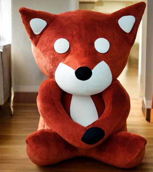 Image similar to a giant fox plush with googly eyes, studio photo, dramatic lighting