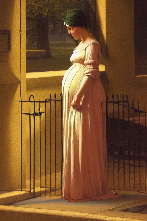 Image similar to pregnant woman under street light, highly detailed, sharp focused, ultra realistic digital concept art by Edmund Blair Leighton