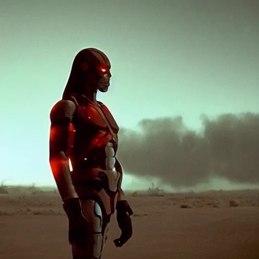 Image similar to movie still of cyborg with glowing third eye, cinematic composition, cinematic light, criterion collection, by the coen brothers