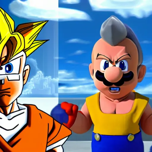 Prompt: goku walter white and mr. incredible cook uncanny meth in super mario 6 4, official screenshot