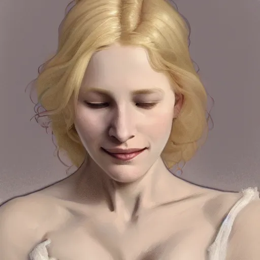 Image similar to A pregnant albino woman with closed eyes smiling, very detailed sharp angular masculine face, hooked nose and square jaw long fluffy curly blond hair, (12x) extremely pale white skin, light blond hair, gorgeous, beautiful, intricate, highly detailed, digital painting, artstation, concept art, sharp focus, illustration, art by greg rutkowski and alphonse mucha