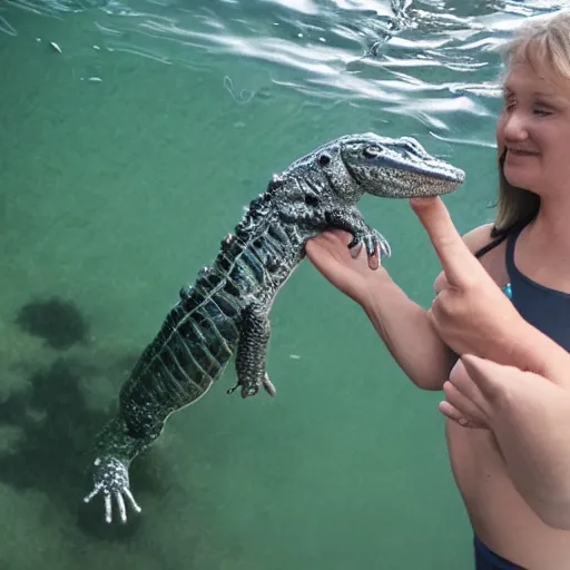 Prompt: a transparent, aluminum, alligator in the water with Skylar