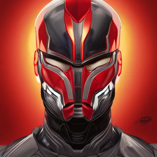 Prompt: character concept portrait, symmetrical head-on centralized, Young man with advanced red and black iron suit. Detailed, high quality, dynamic lightning, fantasy, scenematic. Artwork by Artgerm, WLOP, Alex Ross, Greg Rutknowski, Alphonse Mucha