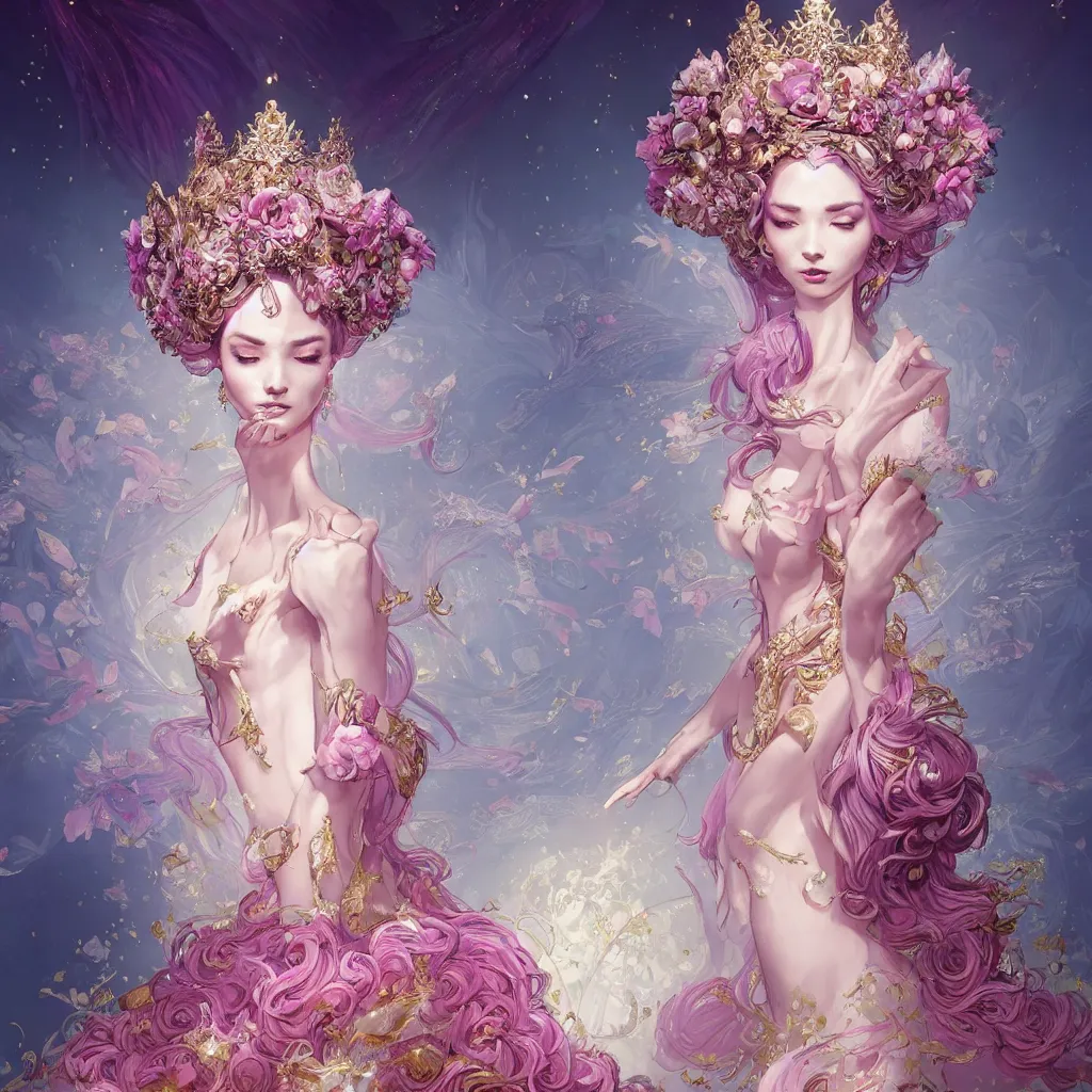 Image similar to A beautiful fantasy empress, highly detailed full body, breathtaking flower tiara, gorgeous aristocrat robe, beautiful figure, epic composition, ultra wide-shot, dynamic pose, concept art, beautifully lit, digital illustration, character design, ((sharp focus)), elegant, intricate, artstation, by WLOP and James Jean and Victo Ngai and Ryohei Hase