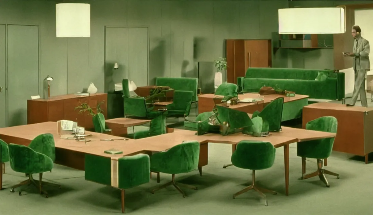 Image similar to a still of severance series indoor 7 0 s green velvet and wood with metal furniture office scenario appearing in a film of jacques tati, in movie playtime ( 1 9 6 7 ) color