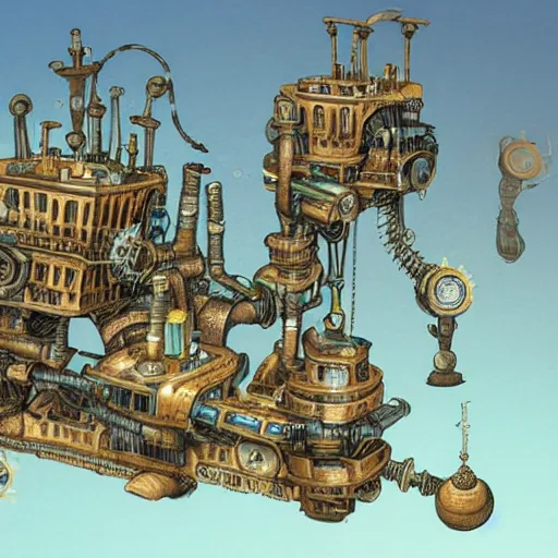 Image similar to a steampunk city on mechanical legs in the ocean