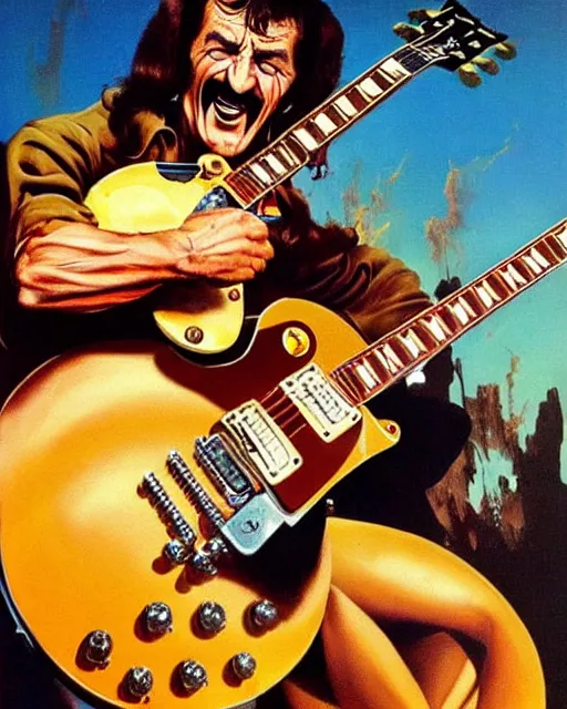 Image similar to Barry Chuckle ripping a solo on a Gibson Les Paul, heavy metal artwork by Frank Frazetta