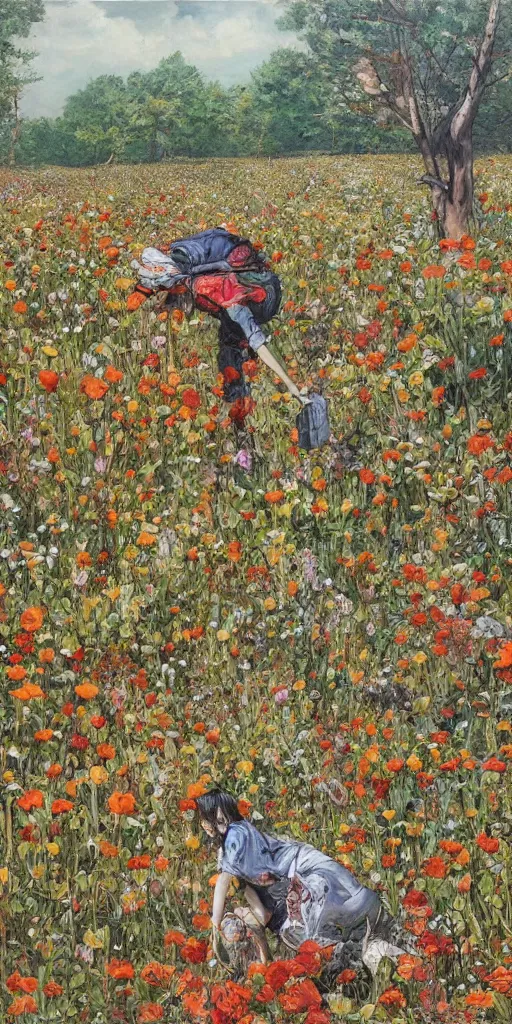 Image similar to oil painting scene from flower fields in the forest by kim jung gi