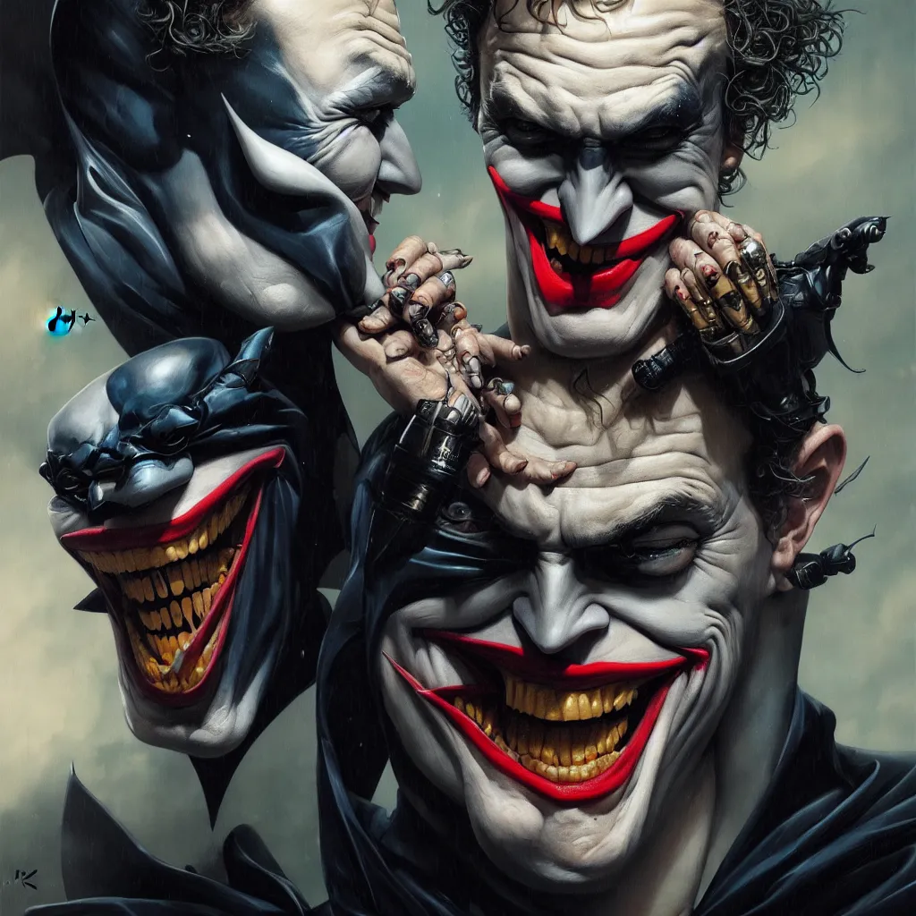 Prompt: a portrait of batman, with the joker, by karol bak, james jean, tom bagshaw, rococo, sharp focus, trending on artstation, cinematic lighting, hyper realism, octane render, 8 k, hyper detailed, vivid, ultra detailed, highly detailed