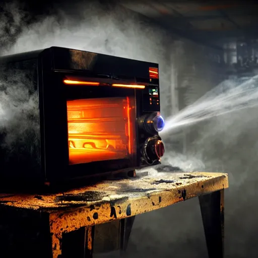 Image similar to toaster oven terminator robot, dark messy smoke - filled cluttered workshop, dark, dramatic lighting, orange tint, sparks, cinematic, highly detailed, sci - fi, futuristic, movie still