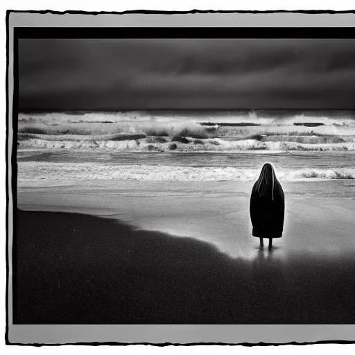 Image similar to glitch girl and very very tall monster wrapped in a blanket looks into the distance on the beach, in the rain, style of Hiroshi Sugimoto ,atmospheric,--ar 16:9