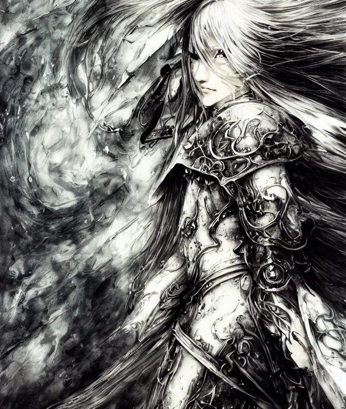 Image similar to Yoshitaka Amano realistic illustration of an anime girl with wavy white hair and cracks on her face wearing dark souls armour with the cape fluttering in the wind, abstract black and white patterns on the background, noisy film grain effect, highly detailed, Renaissance oil painting, weird portrait angle