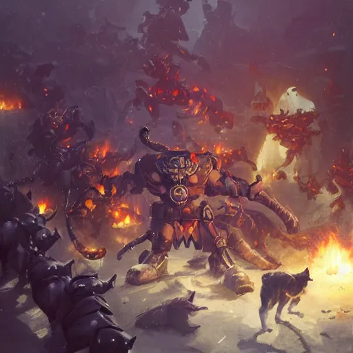 Image similar to cat trainer man commanding army of cats, warhammer 4 0 k by greg rutkowski