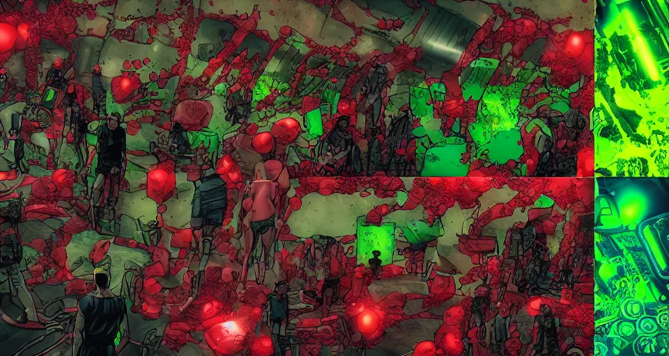 Prompt: a dystopian superhero comic book story about bacterium algae that eats people and creates large red diodes all over their bodies hdr, hyperrealistic, 8 k, bokeh, prism, octane render