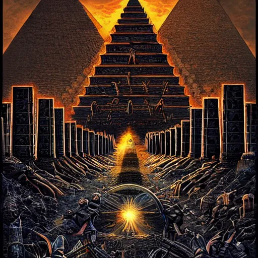 Prompt: the anunnaki gods have returned to the pyramids. a cover of a death metal LP, highly detailed, art, dark and grungy, 4k, 8k, trending on artstation, style of dan mumford and Andrew Ferez