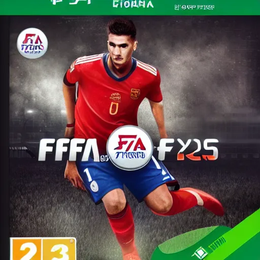 Prompt: the next football superstar from 2034 on the cover of the Fifa game of that very year, high quality very detailed 4k