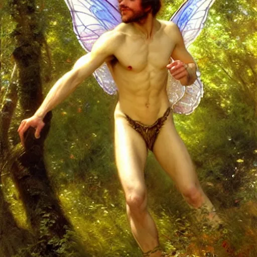 Image similar to attractive male fairy with wings in the forest, posing. highly detailed painting by gaston bussiere, craig mullins, j. c. leyendecker, 8 k