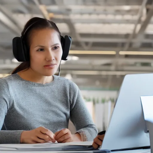 Image similar to woman wearing headset in sit infront computer talking with customers. work from office. photo, digital camera photo.