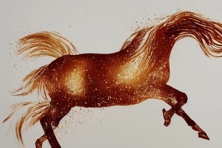 Image similar to beautiful serene horse, healing through motion, minimalistic golden ink aribrush painting on white background