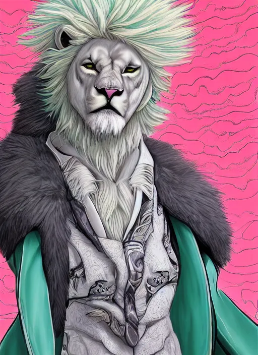 Image similar to aesthetic portrait commission of a of a male fully furry muscular anthro albino lion with a tail and a beautiful attractive hyperdetailed face wearing stylish and creative mint outfit made out of silk in a sci - fi dystopian city at golden hour while it storms in the background. character design by dittmann, anna, detailed, inked, western comic book art, award winning film poster painting