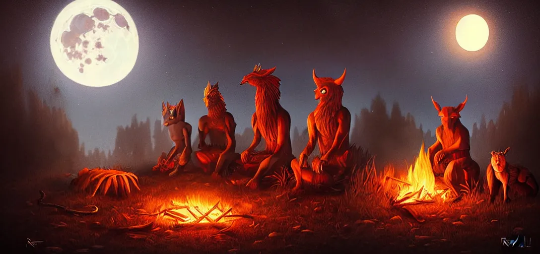 Image similar to strange mythical beasts of sitting around a fire under a full moon, surreal dark uncanny painting by ronny khalil